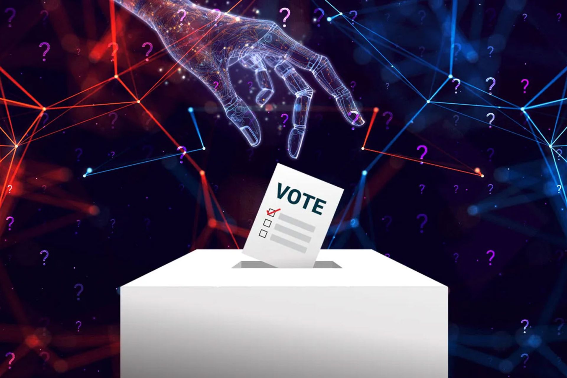 ai-election-interference-65d1c8d9c601123d654e31f4-1 هالهای از دست، نماد دخالت هوش مصنوعی، در حال انداختن برگهی رای به داخل صندوق سفید