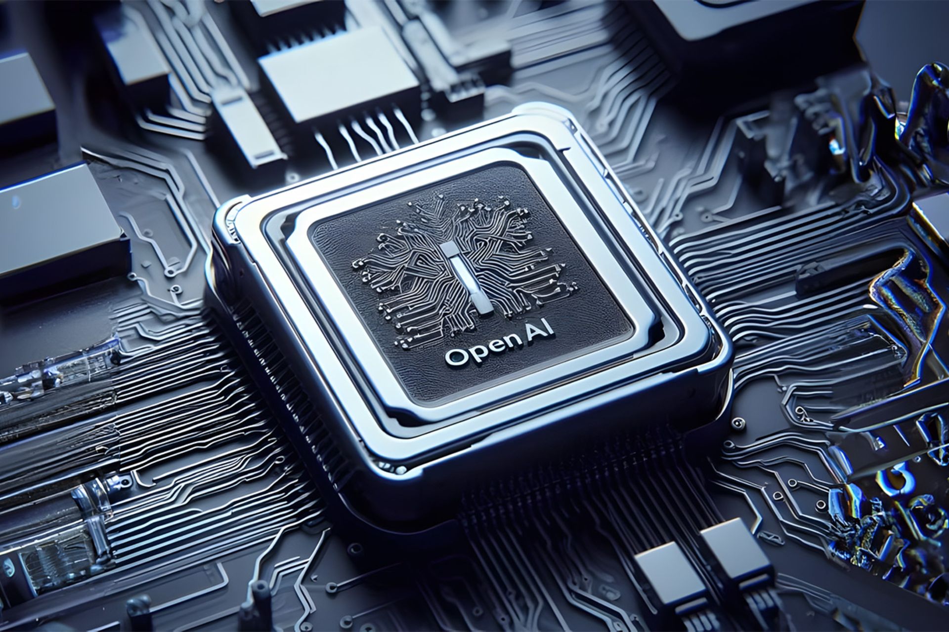 openai-ai-chip-67220b41fa39dbe92f7220b3-1 یک پردازنده وسط یک بورد